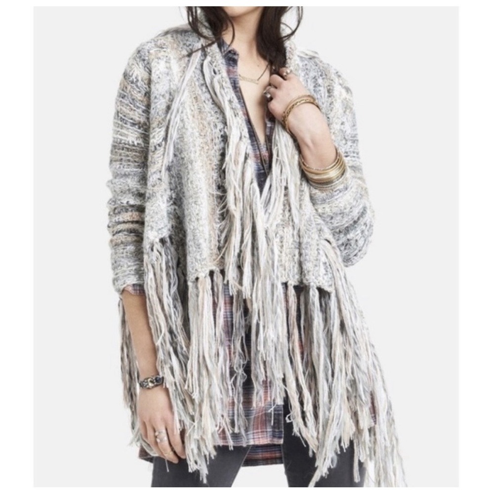 FREE PEOPLE‎ XS Birkenstock Gray Fringe Open Cardigan Boho Wool Alpaca